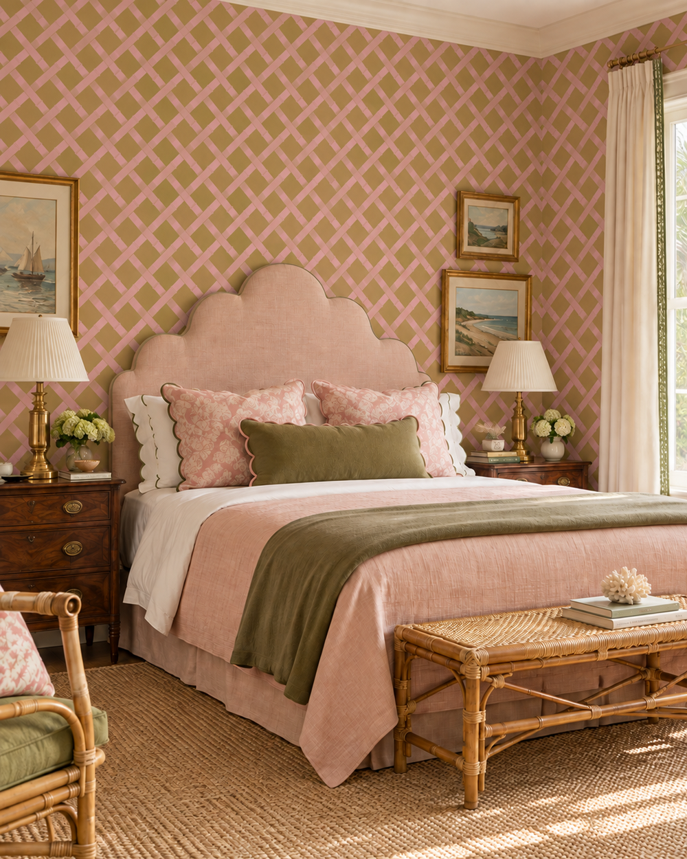 A styled bedroom interior featuring a bed dressed in blush pink linens and an olive green throw, set against pink-and-beige diamond-patterned wallpaper. The room includes matching pink pillows, dark wood nightstands with lamps, framed artwork, a woven bench at the foot of the bed, and a rattan chair in the foreground.