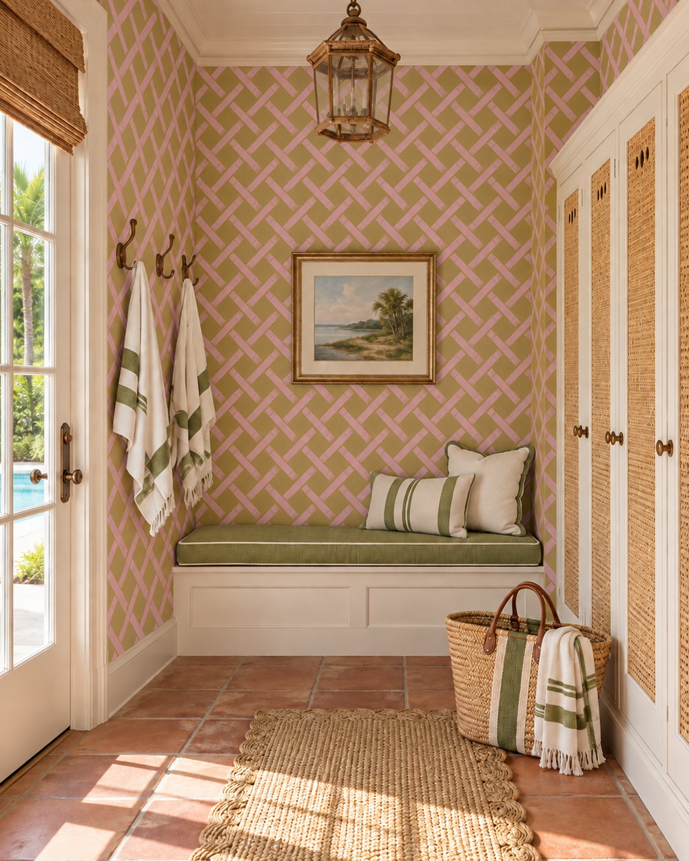 A bright, sunlit entryway or mudroom with pink-and-beige geometric wallpaper, a built-in bench with striped pillows, a hanging lantern light, woven baskets, towels, and a framed landscape print.