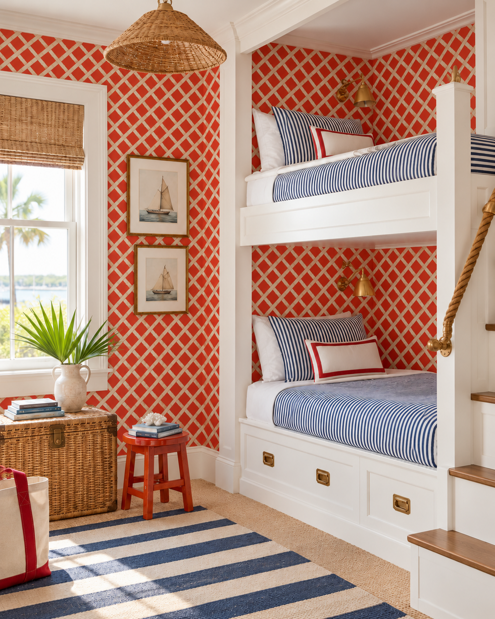 A bright nautical-themed bedroom featuring a white built-in bunk bed with striped bedding, red-and-white patterned wallpaper, a blue-and-white striped rug, and a wicker pendant light.