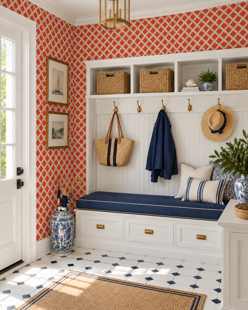 A bright, styled entryway featuring a built-in white bench with a navy cushion, brass hooks, woven storage baskets, patterned wallpaper, and a blue-and-white ceramic vase.