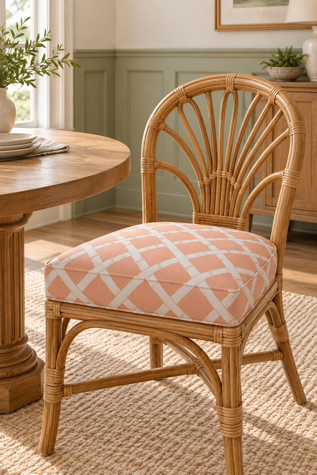 Geometric trellis upholstery fabric inspired by classic garden structures, featuring a balanced, stripe-like layout on peach with white custom dining room chair cushions in this modern dining room