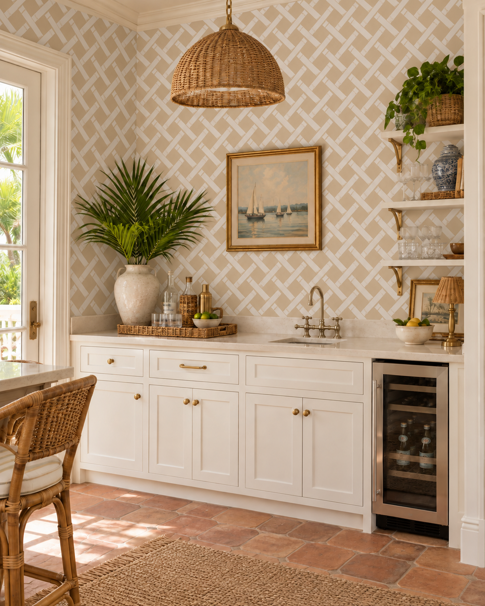 A bright coastal-style kitchen corner with white cabinets, a patterned beige wallpaper, terracotta tile flooring, a wicker pendant light, a built-in wine cooler, and decorative plants and framed artwork.