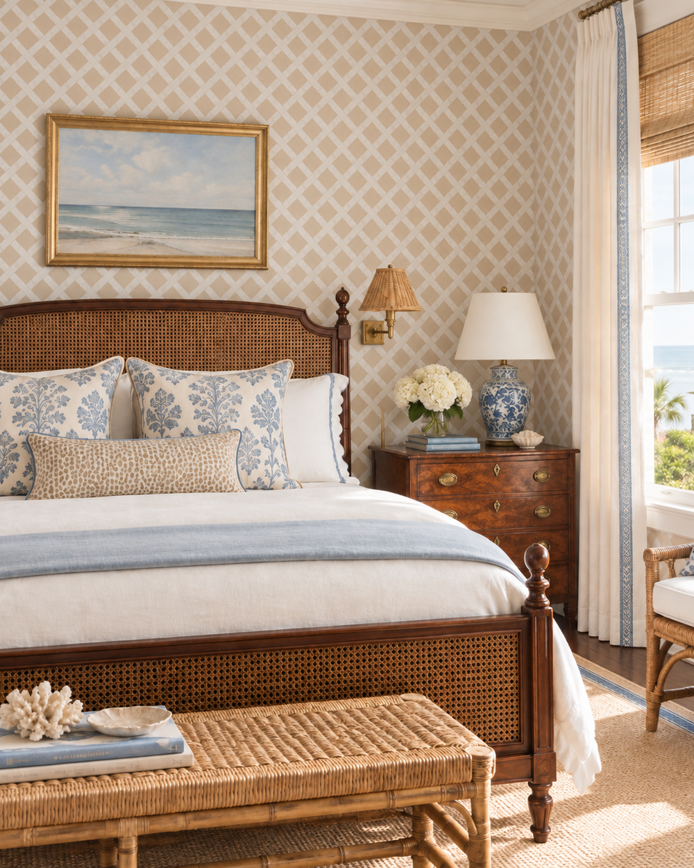 A beautifully styled bedroom featuring a classic wooden bed with a woven cane headboard and footboard, dressed in white and blue linens. The room has beige patterned wallpaper, a matching woven bench at the foot of the bed, a blue and white ceramic table lamp, and a framed beach painting on the wall.