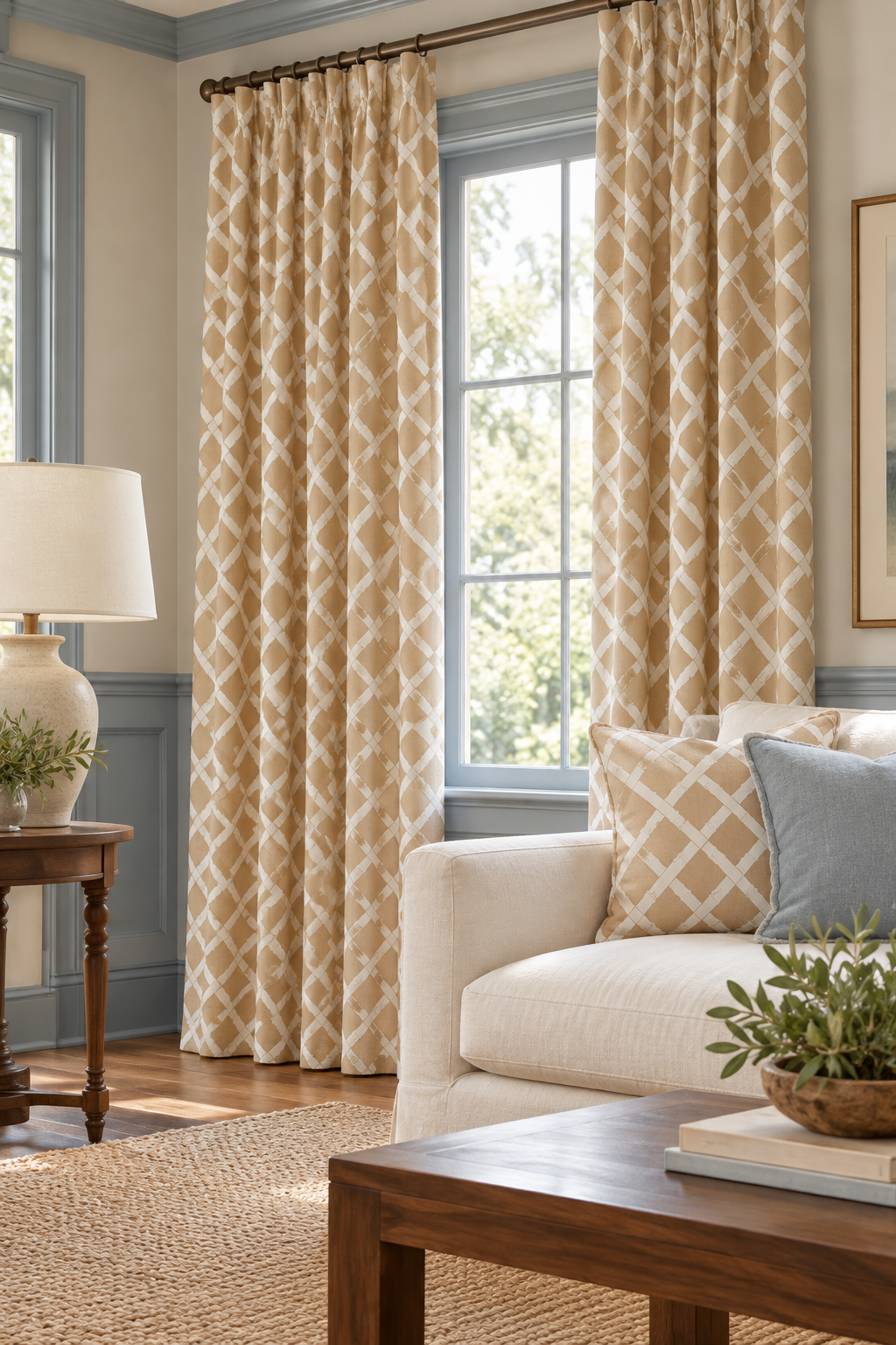 Geometric trellis upholstery fabric inspired by classic garden structures, featuring a balanced, stripe-like layout on beige with white on custom window drapery with matching pillows in a luxury living room