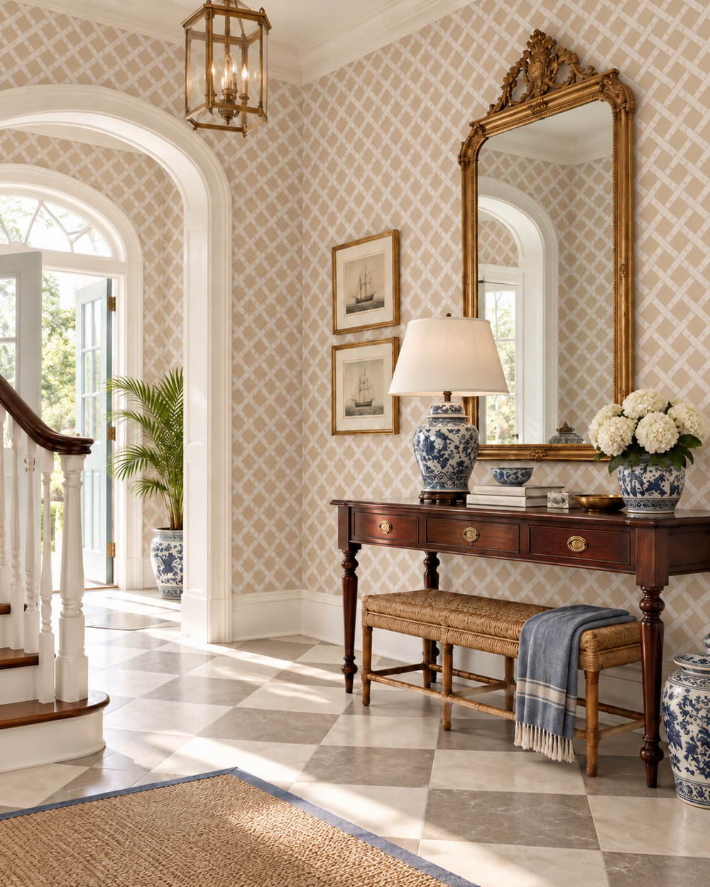 An elegant interior entryway with patterned wallpaper, a large ornate gold mirror, a dark wood console table, a woven bench, blue-and-white ceramic vases, and a floral arrangement. Sunlight streams in from an arched doorway on the left, and a staircase is visible in the background.