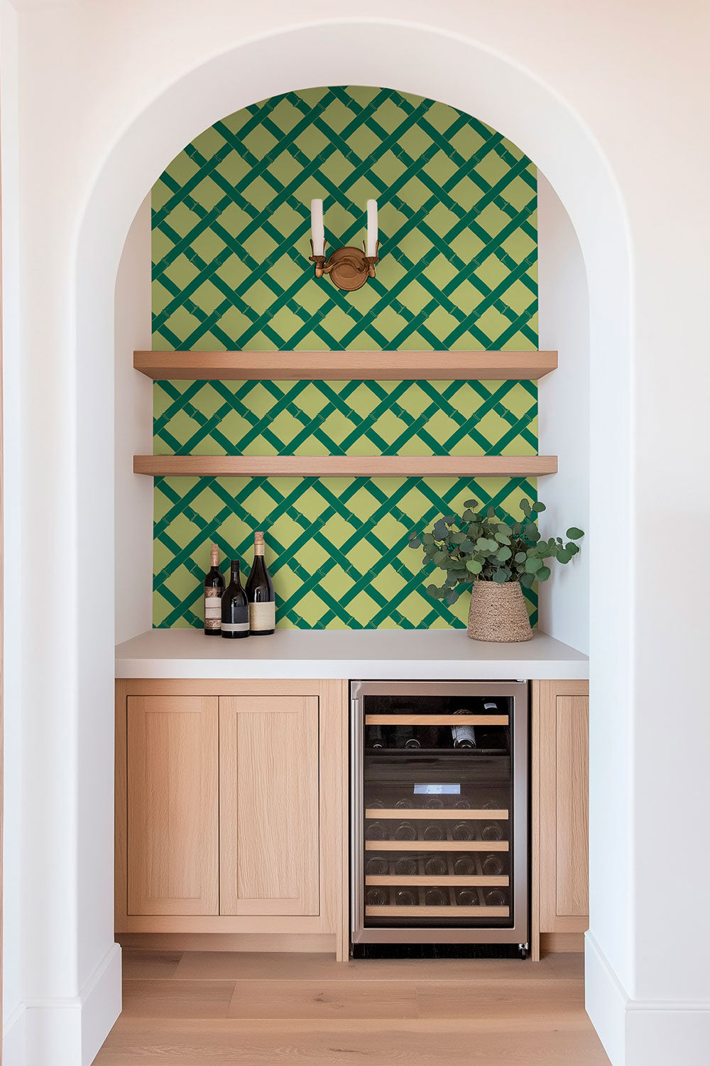 garden inspired trellis geometric stripe in bold and fun green printed on commercial grade water and stain resistant performance vinyl wall-covering, great for bathrooms, kitchens and commercial spaces