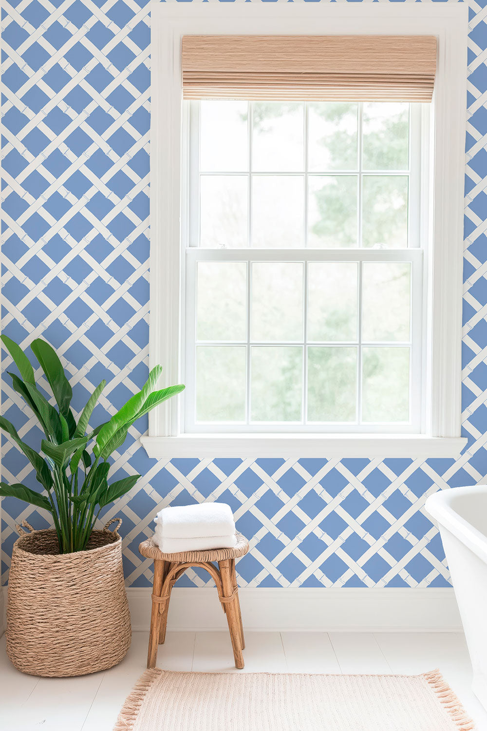 garden inspired trellis geometric stripe in traditional blue and white printed on commercial grade water and stain resistant performance vinyl wall-covering, great for bathrooms, kitchens and commercial spaces