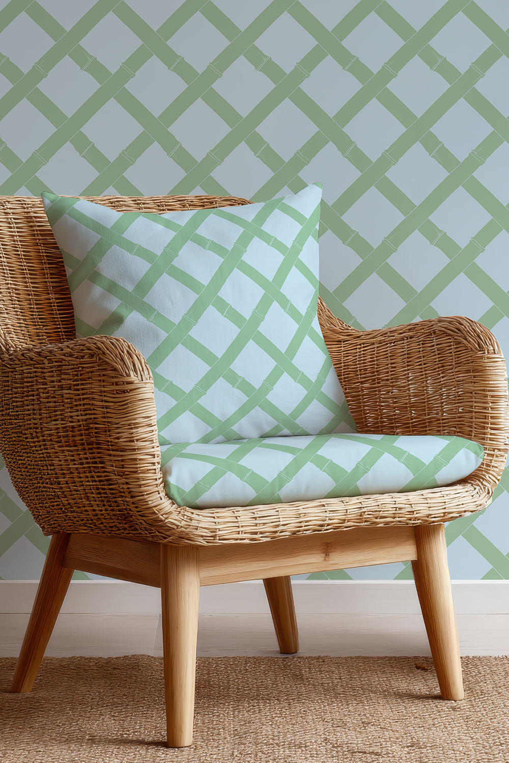 Geometric trellis upholstery fabric inspired by classic garden structures, featuring a balanced, stripe-like layout in light blue and garden green.