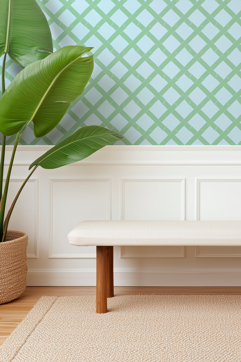 inviting entryway wallpaper featuring green and blue pastel lattice geometric grasscloth