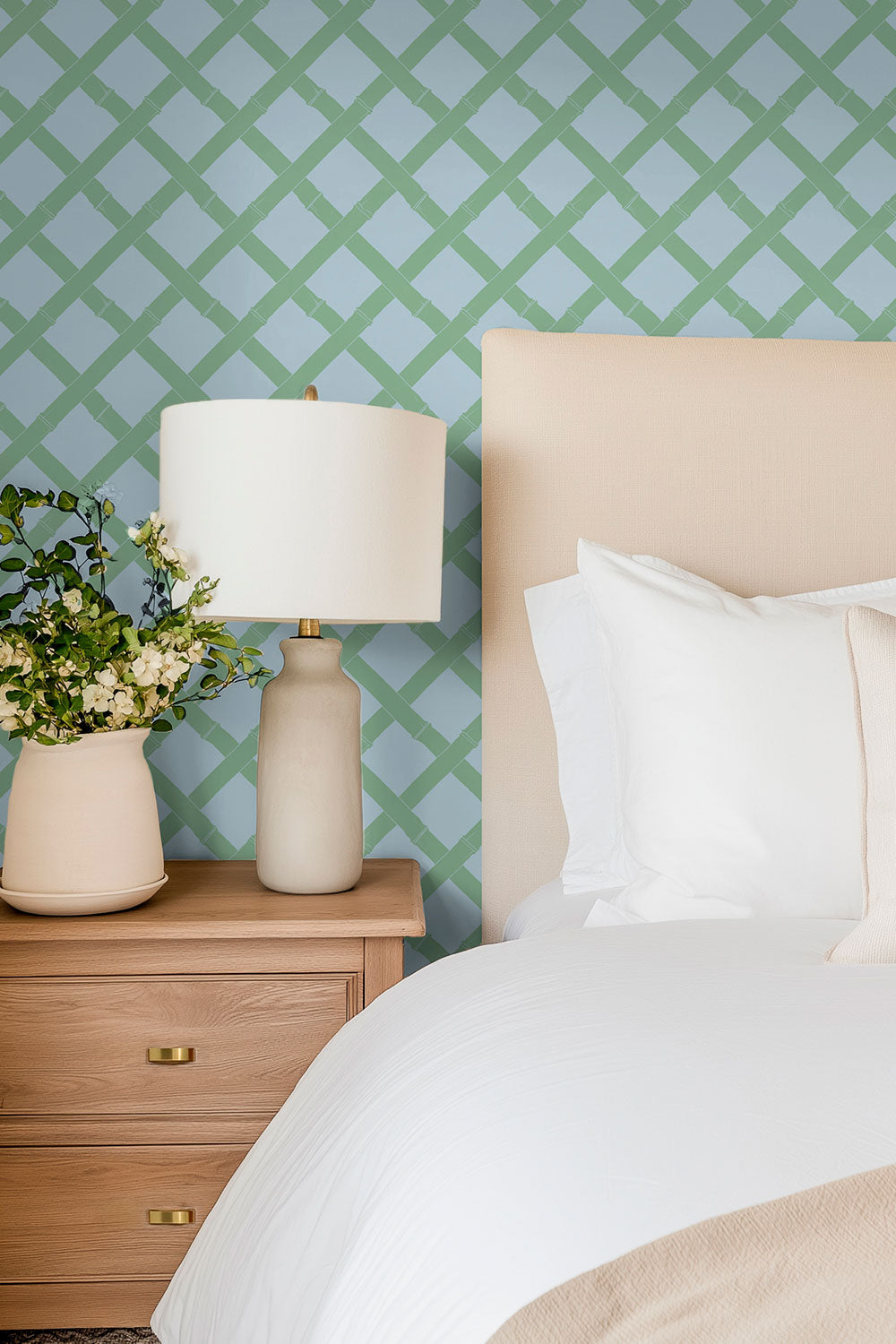 cozy cottage Bedroom with green geometric garden inspired wallpaper