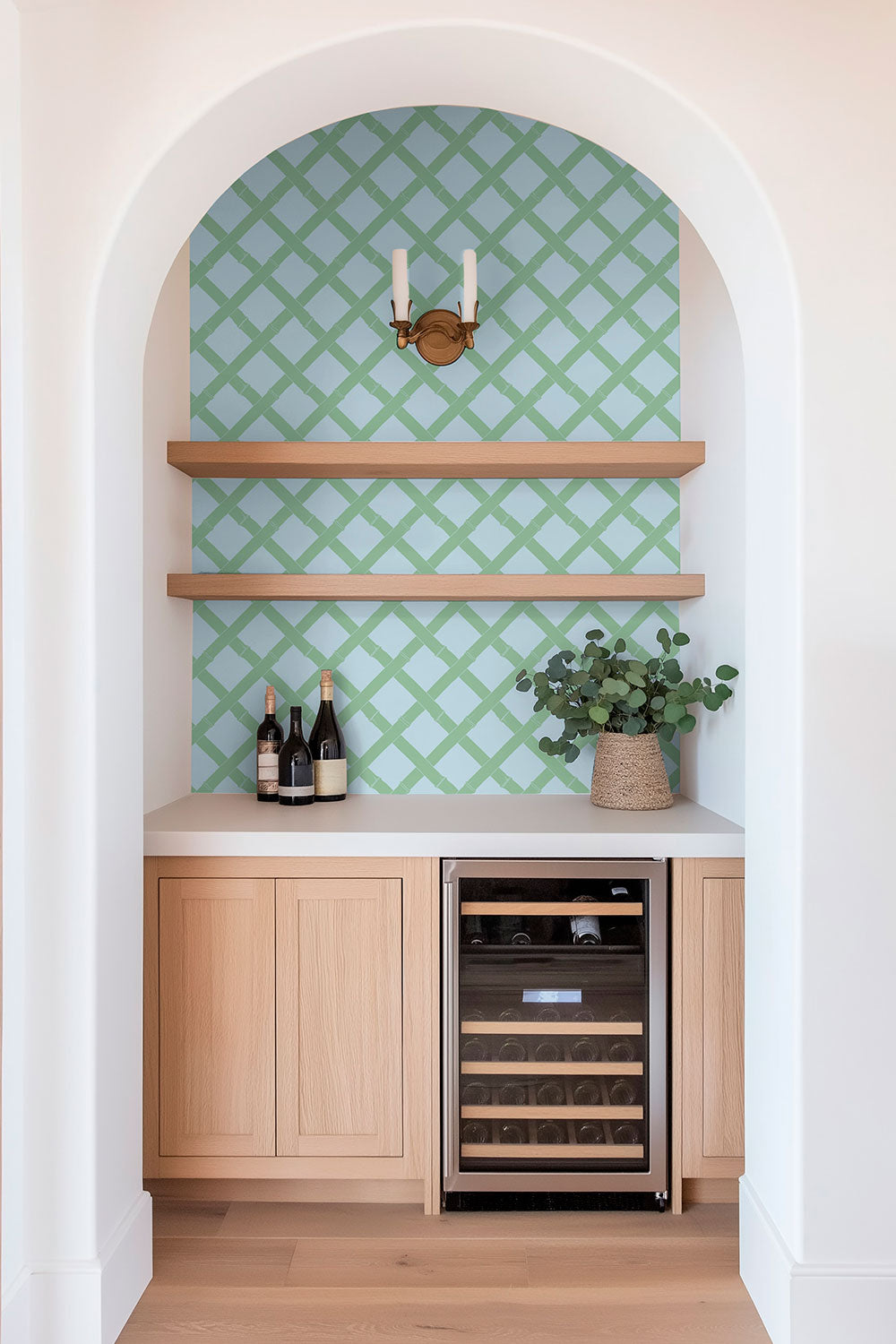 garden inspired trellis geometric stripe in pastel blue and green printed on commercial grade water and stain resistant performance vinyl wall-covering, great for bathrooms, kitchens and commercial spaces