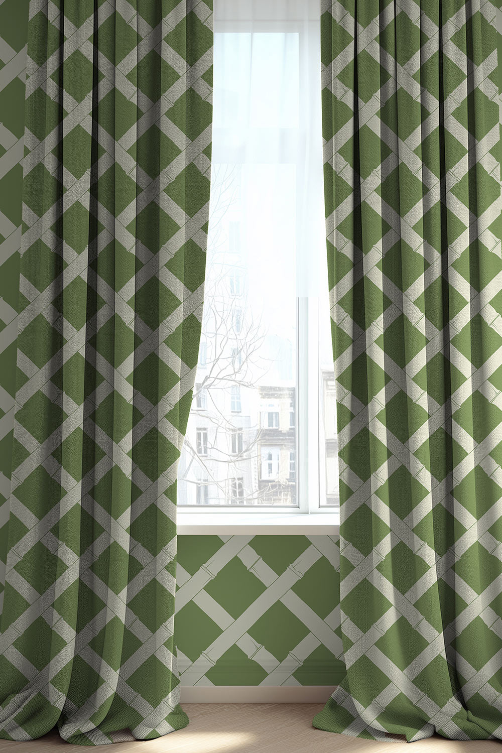 Geometric trellis upholstery fabric inspired by classic garden structures, featuring a balanced, stripe-like layout in bright garden green and white.