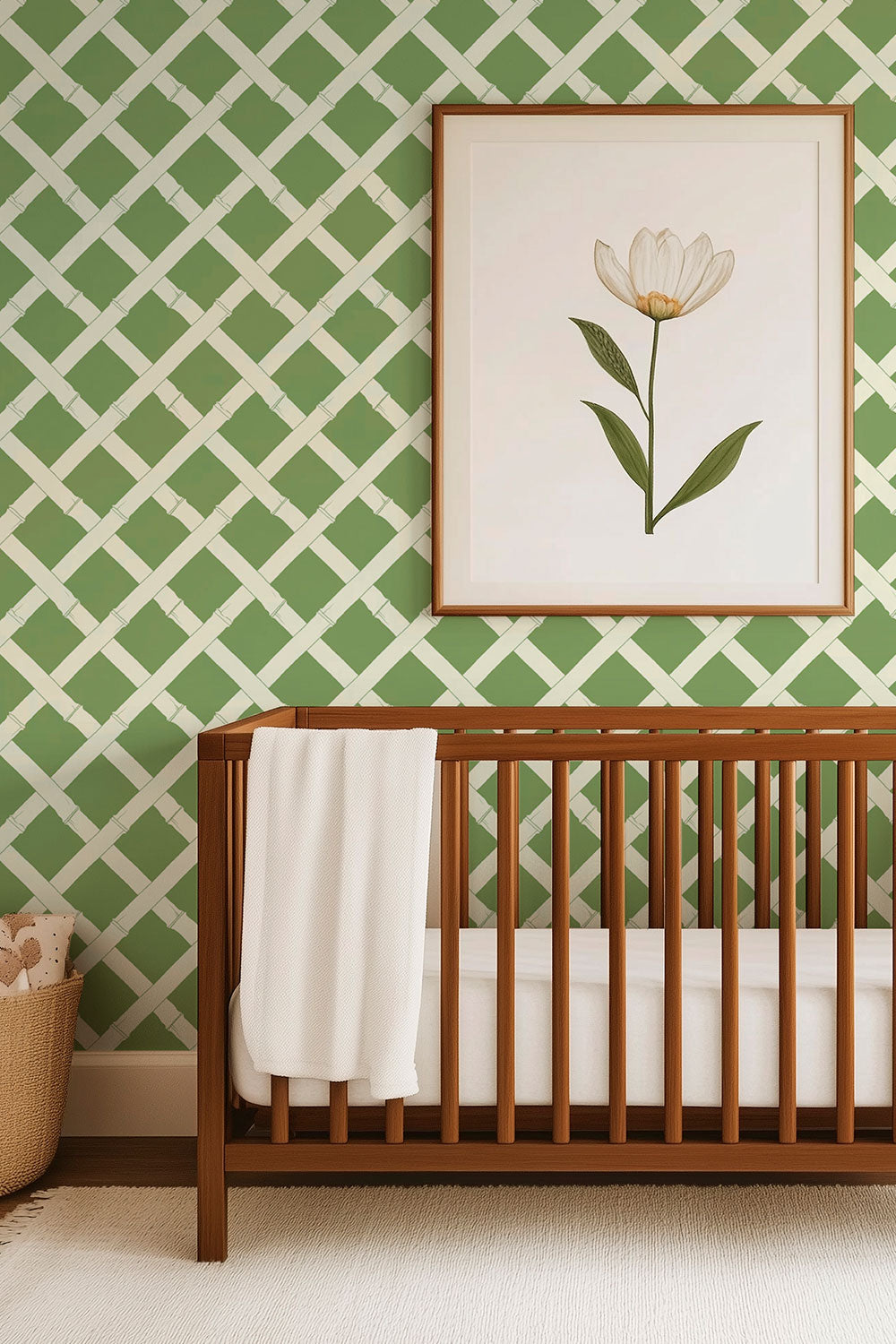 feminine baby girl nursery with garden inspired bamboo trellis design in green and white printed on all-natural eco-friendly grass cloth wall covering