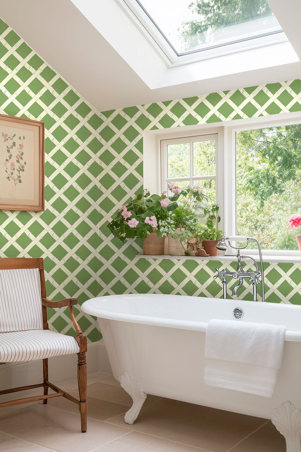 garden inspired trellis geometric stripe in bright green and white printed on commercial grade water and stain resistant performance vinyl wall-covering, great for bathrooms, kitchens and commercial spaces