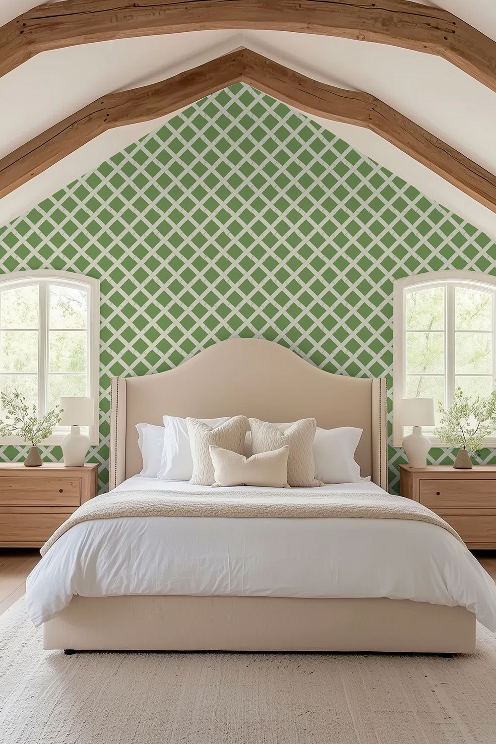 Geometric trellis green and white wallpaper in soft garden-inspired colors for luxury master bedrooms