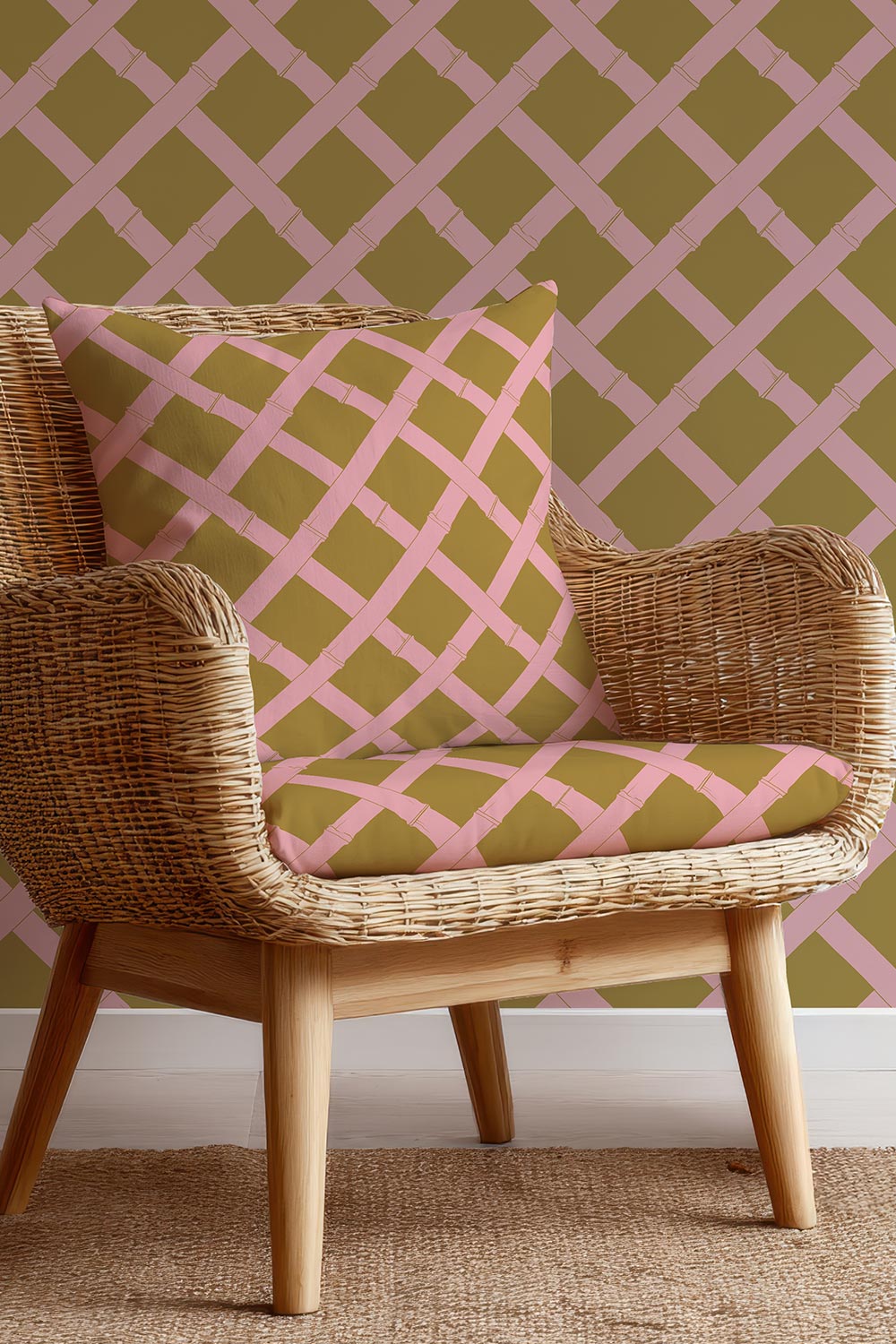 Geometric trellis upholstery fabric inspired by classic garden structures, featuring a balanced, stripe-like layout in pink and bronze.