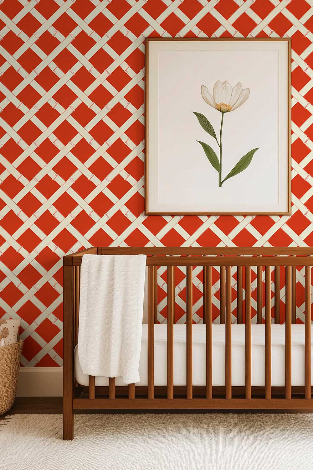garden inspired trellis geometric stripe in bold red and white printed on commercial grade water and stain resistant performance vinyl wall-covering, for nurseries, kid's bedrooms and playrooms