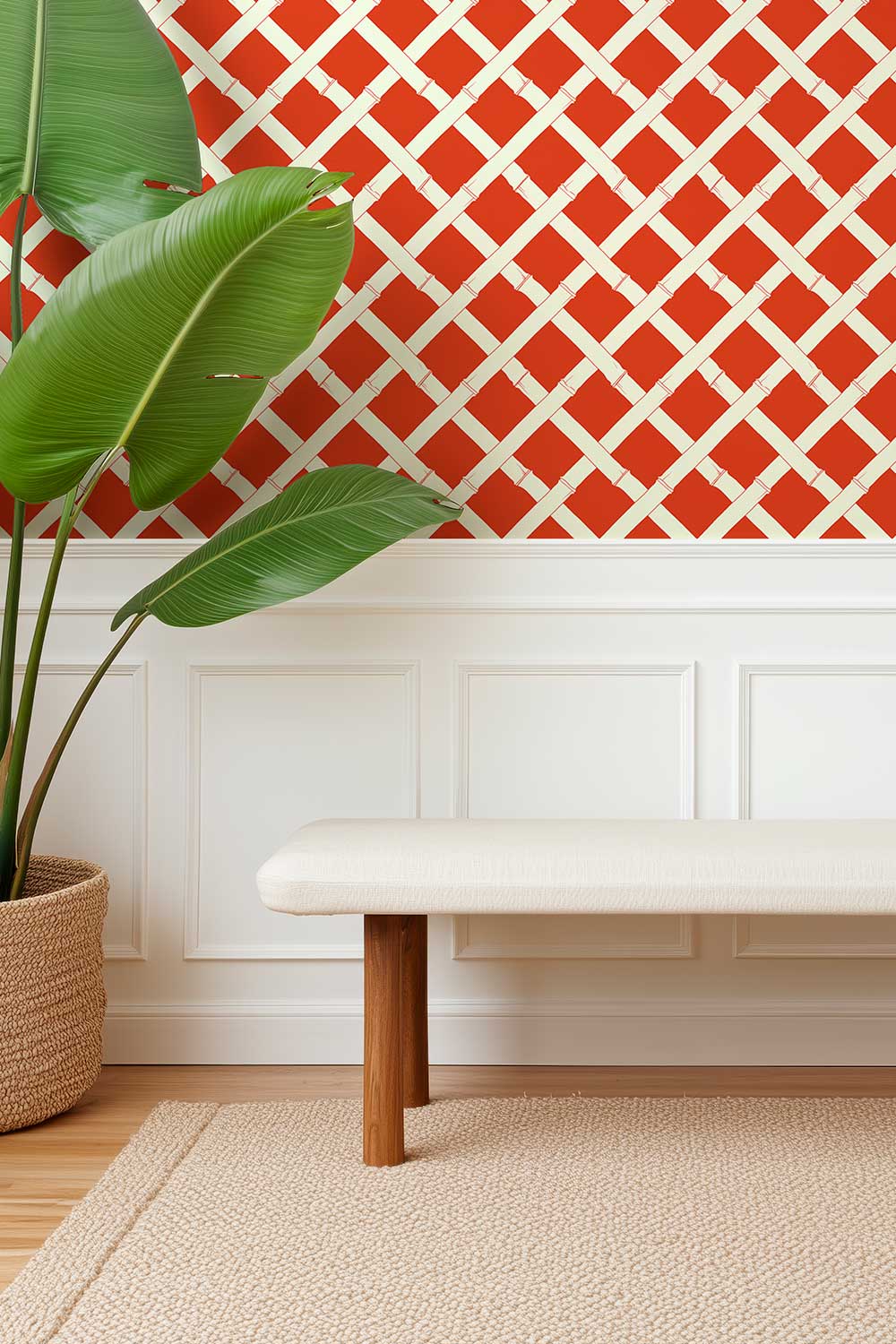 cottage entryway with inviting garden inspired lattice striped geometric design in red and white