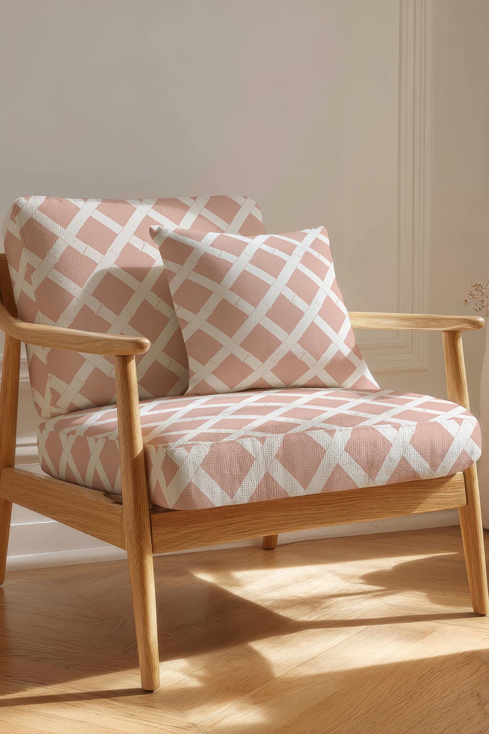 Geometric trellis upholstery fabric inspired by classic garden structures, featuring a balanced, stripe-like layout on peach with white.