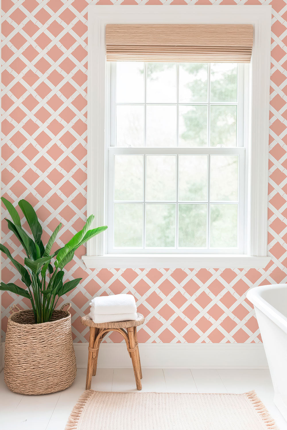 garden inspired trellis geometric stripe in feminine pink and white printed on commercial grade water and stain resistant performance vinyl wall-covering, great for bathrooms, kitchens and commercial spaces