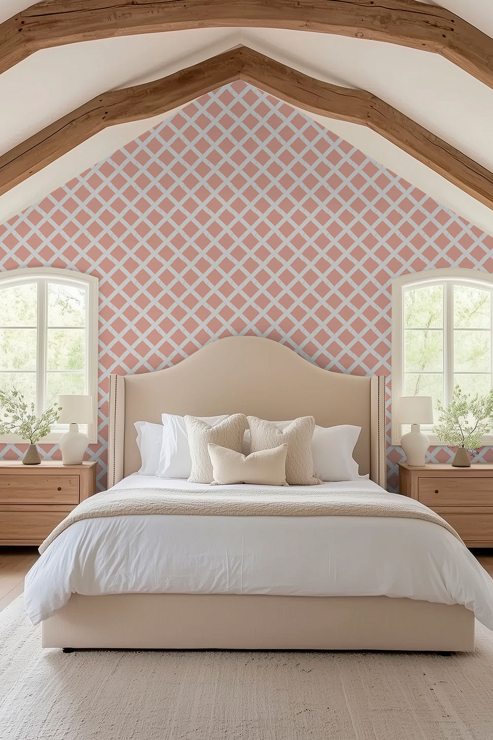 luxury master suite with garden inspired lattice wall-covering printed on eco-friendly grass cloth