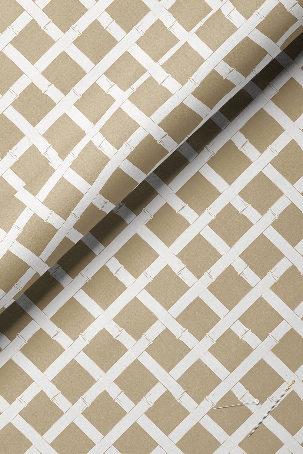 Geometric trellis upholstery fabric inspired by classic garden structures, featuring a balanced, stripe-like layout on beige with white.