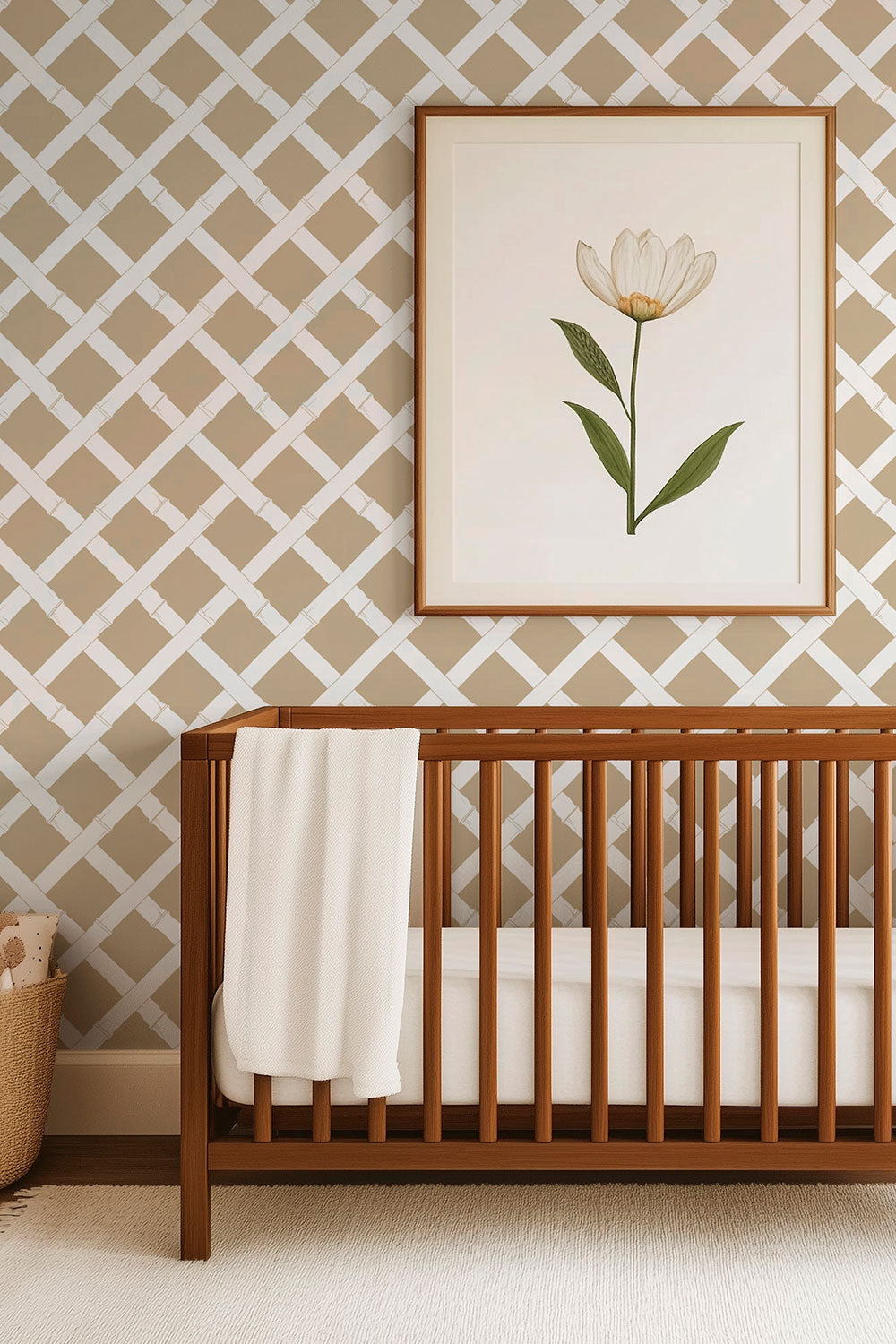 Geometric garden trellis wallpaper design for gender neutral baby nursery 