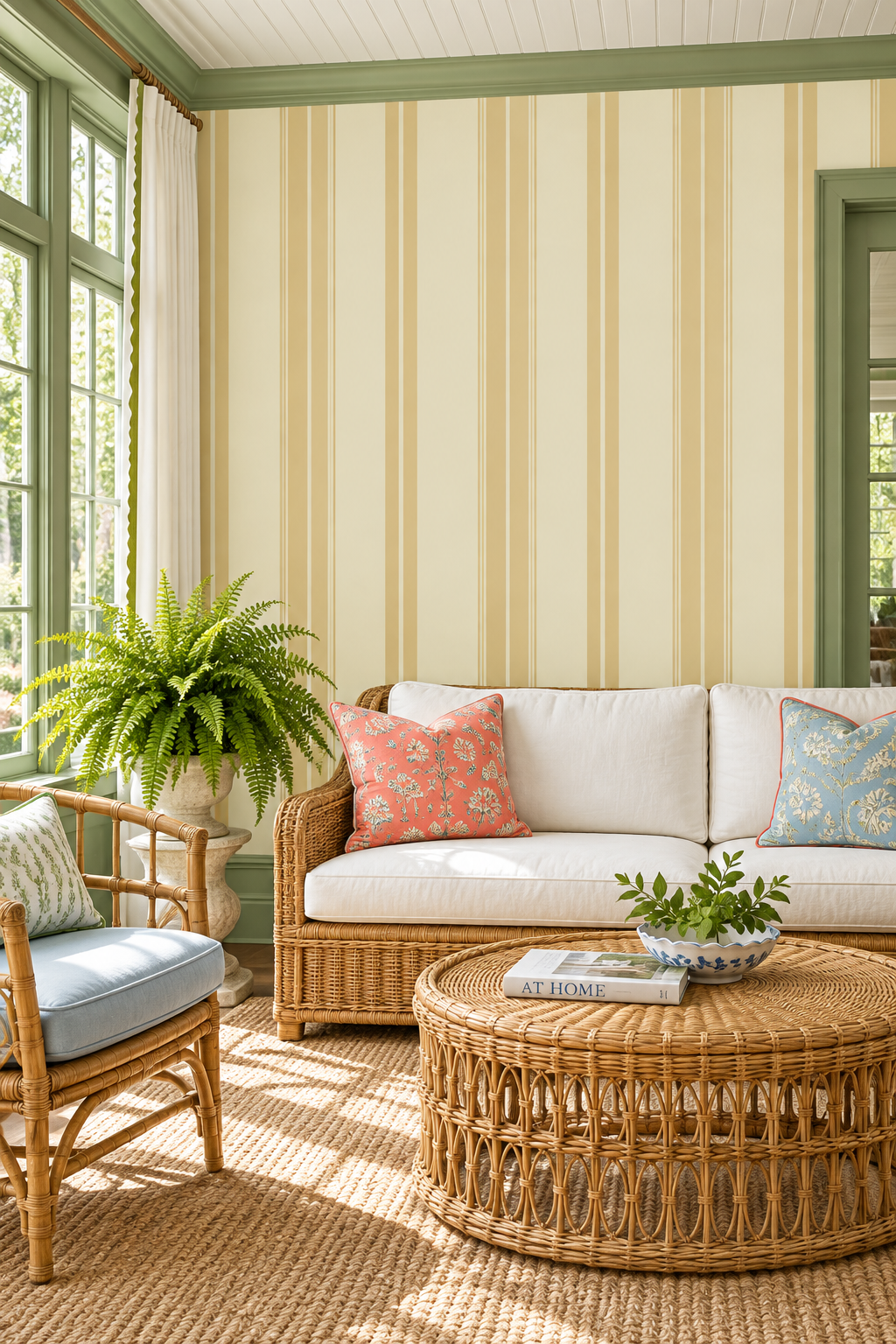 Estate Stripe grasscloth wallpaper with bold neutral vertical stripes and natural woven texture, adding depth and tailored elegance to classic interiors perfect for classic sunrooms and living rooms
