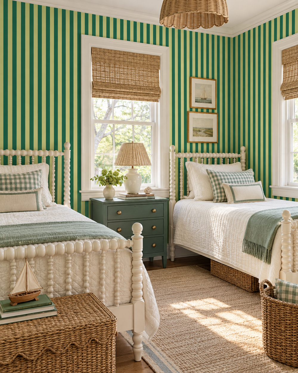 A styled children's bedroom featuring two single beds with white spindle headboards, striped green and white wallpaper, woven wicker baskets, and a central green nightstand.