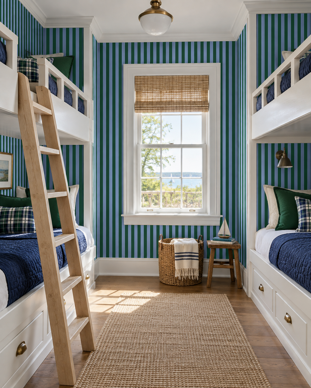 A bright, styled children's bedroom featuring two white bunk beds with navy blue bedding, green plaid accents, and bold blue-and-green vertically striped wallpaper. A light wood ladder is attached to the left bunk, and a woven jute rug covers the wooden floor.