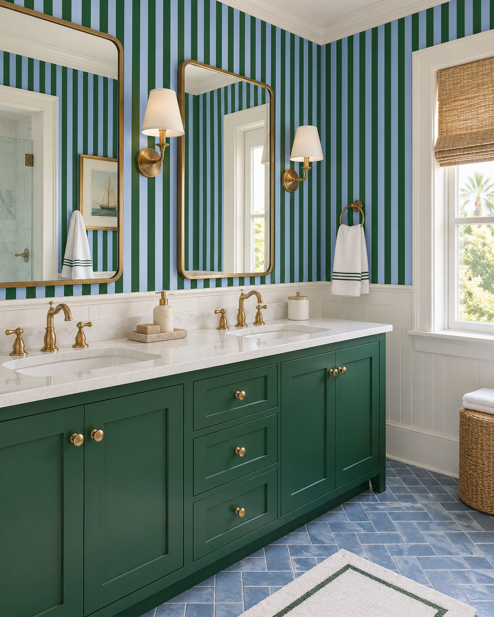 A luxury bathroom featuring a double vanity with deep forest green cabinets, white marble countertops, and brass fixtures. The walls are decorated with bold vertical stripes in teal and white, and the floor is covered in blue mosaic tiles.