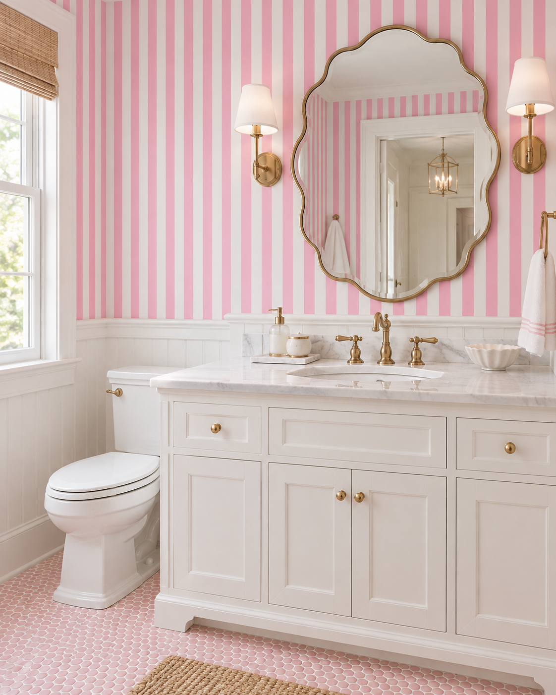 A bright bathroom vanity area with pink and white vertical striped wallpaper, a white double-sink cabinet with brass hardware, a large scalloped mirror, wall sconces, a toilet, and a pink-and-white patterned tile floor.