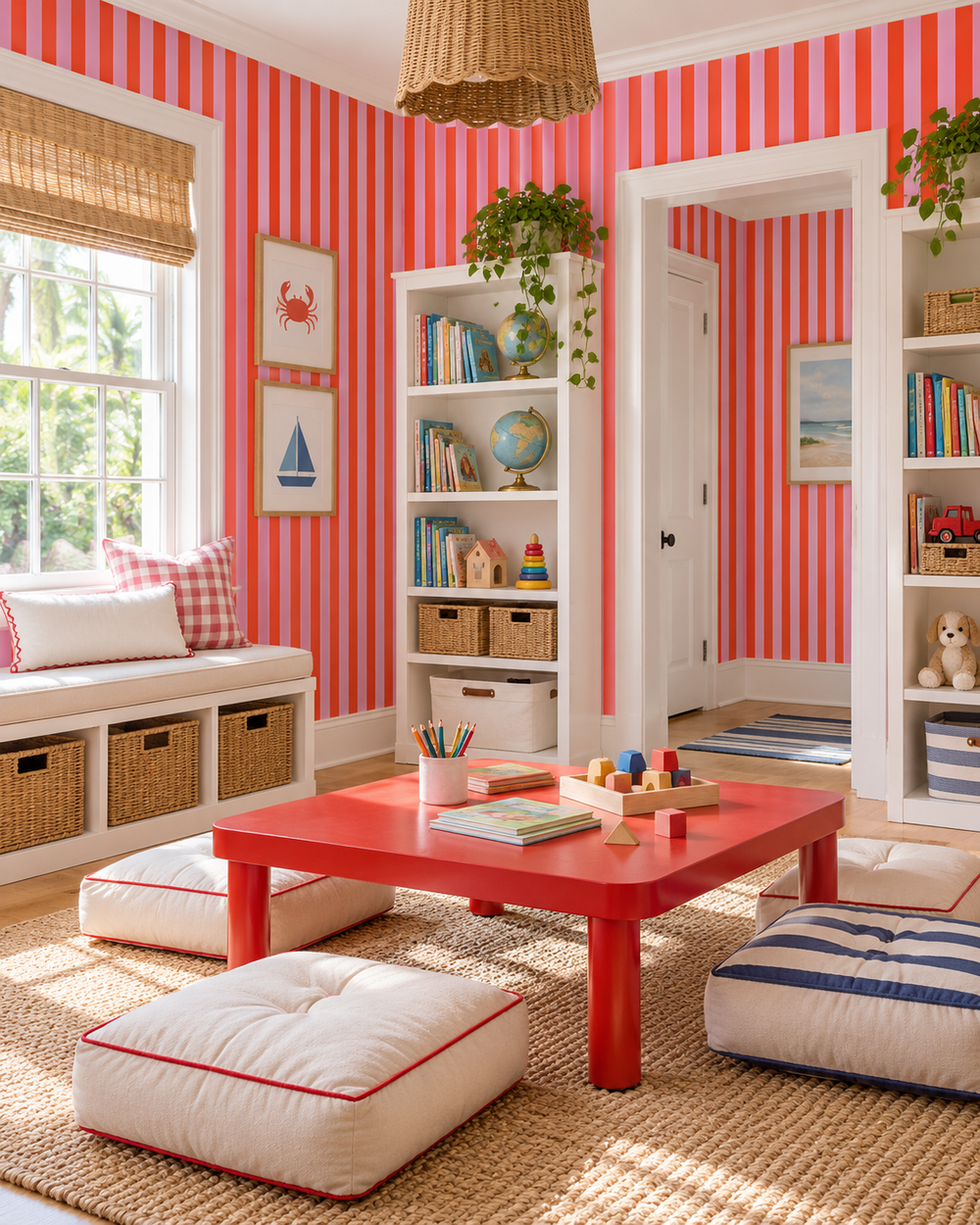 A bright children's room corner with bold pink and white vertical striped wallpaper, a red low table, white ottomans, woven storage baskets, bookshelves, and natural wood flooring.