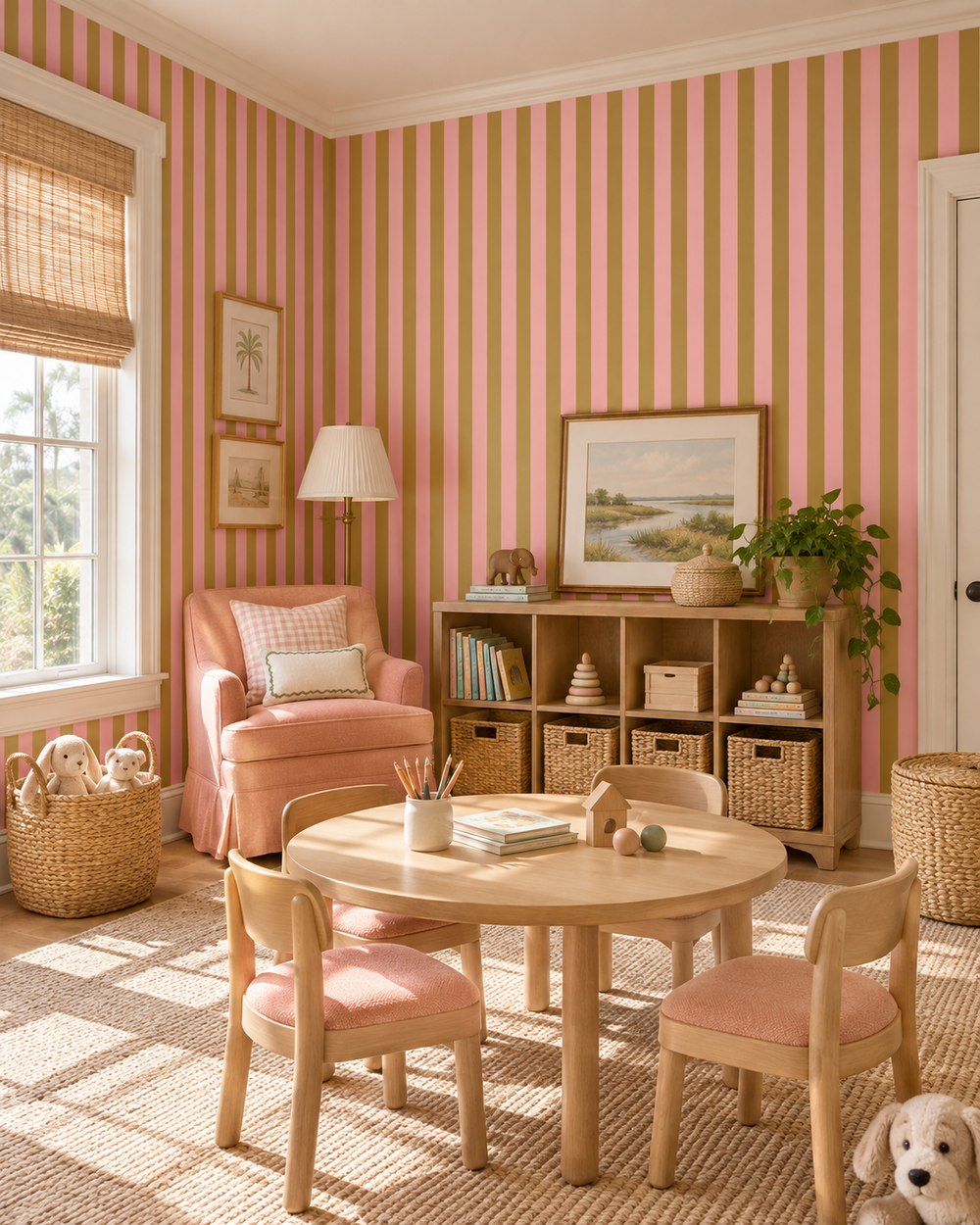 A cozy children's room corner with pink and peach vertical striped wallpaper, a round light wood table with three matching chairs, a blush pink armchair, woven baskets, shelving, and framed wall art.