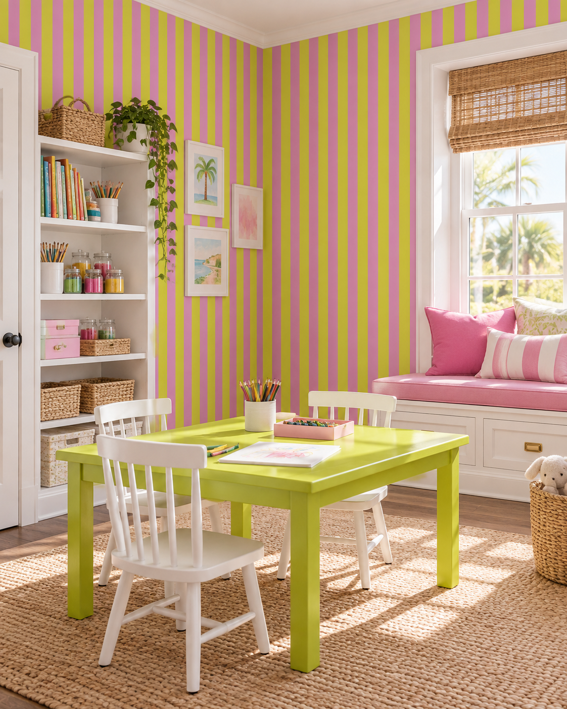 A bright children's room with lime green and pink vertically striped wallpaper, featuring a lime green writing table, white chairs, a white bookshelf, and a pink window seat with pillows.