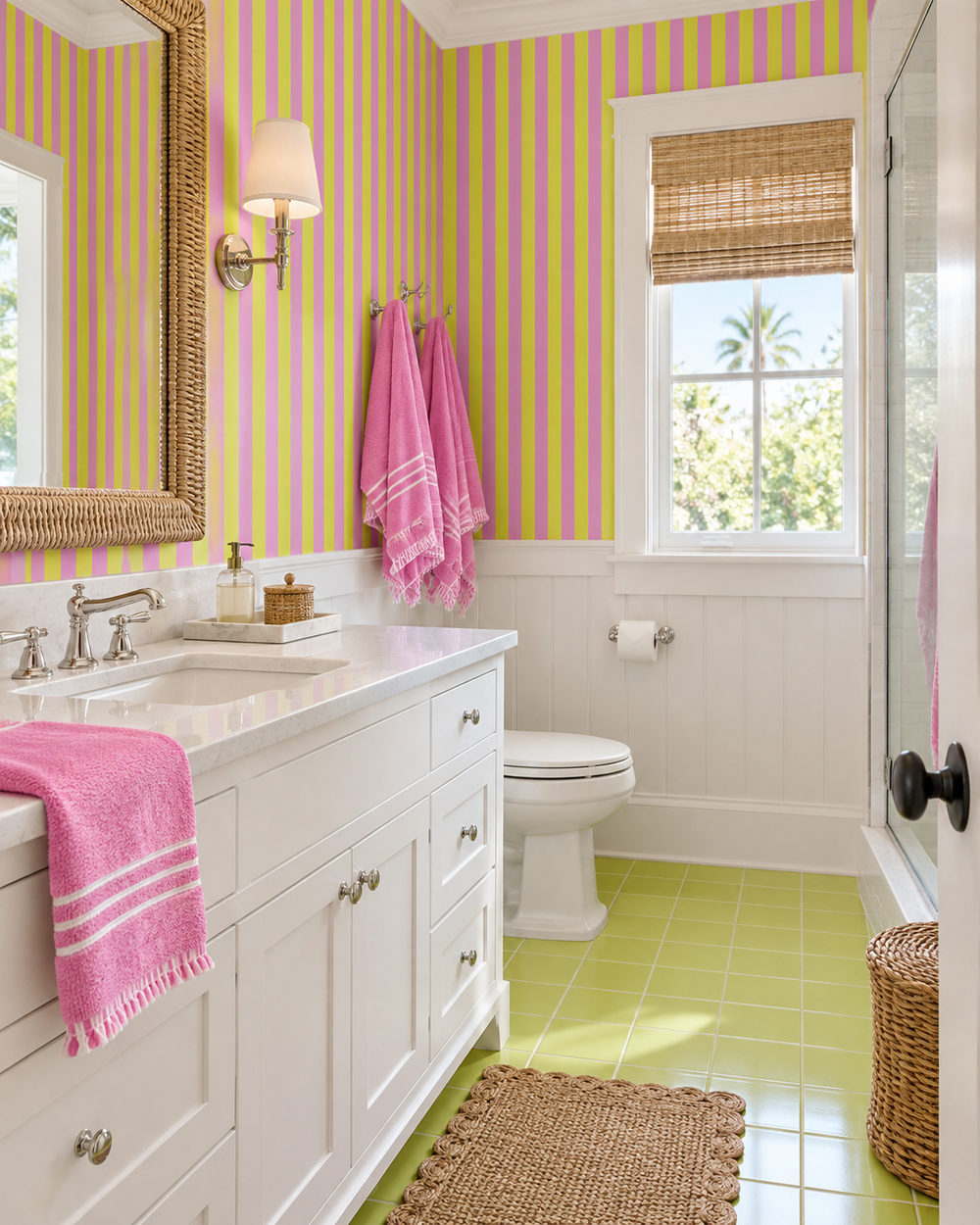 A bright bathroom interior with yellow and pink vertically striped wallpaper, white cabinetry and toilet, lime green tiled floor, and pink towels hanging near the window.
