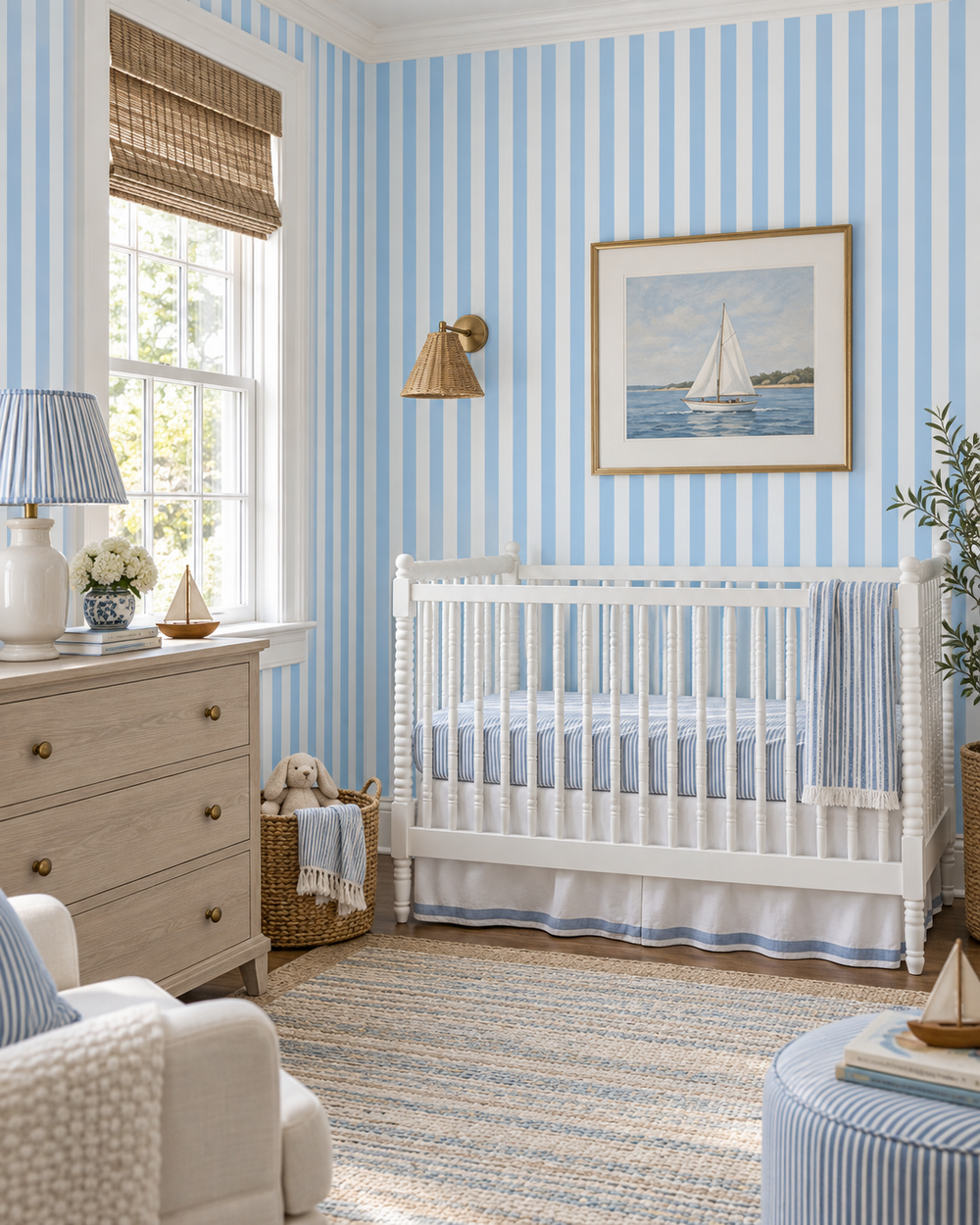 A styled nursery room featuring light blue and white vertical striped wallpaper, a white wooden crib with matching bedding, a light wood dresser, and a framed sailboat print on the wall.