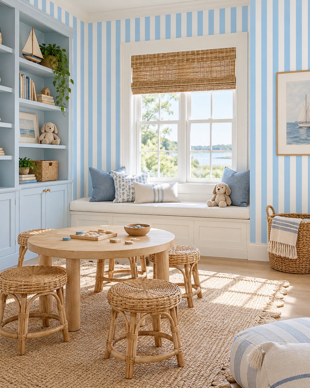 A bright children's playroom corner with light blue and white vertical striped wallpaper, a white window seat with blue and striped pillows, a round wooden table, woven stools, a natural jute rug, and a window view of water outside.