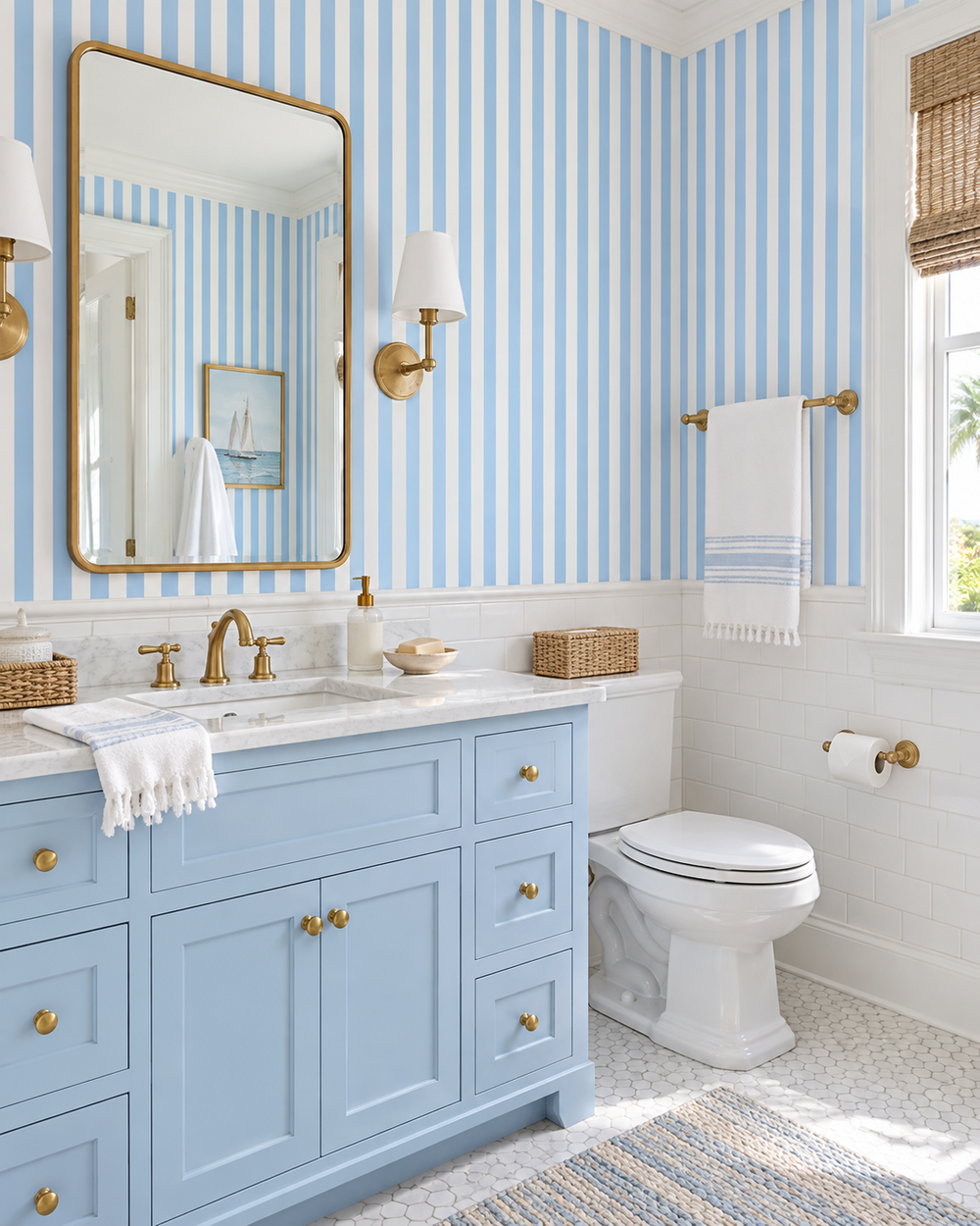 A bright bathroom featuring a light blue vanity cabinet with gold hardware, a white marble sink countertop, a large gold-framed mirror, blue and white striped wallpaper, and a white toilet.