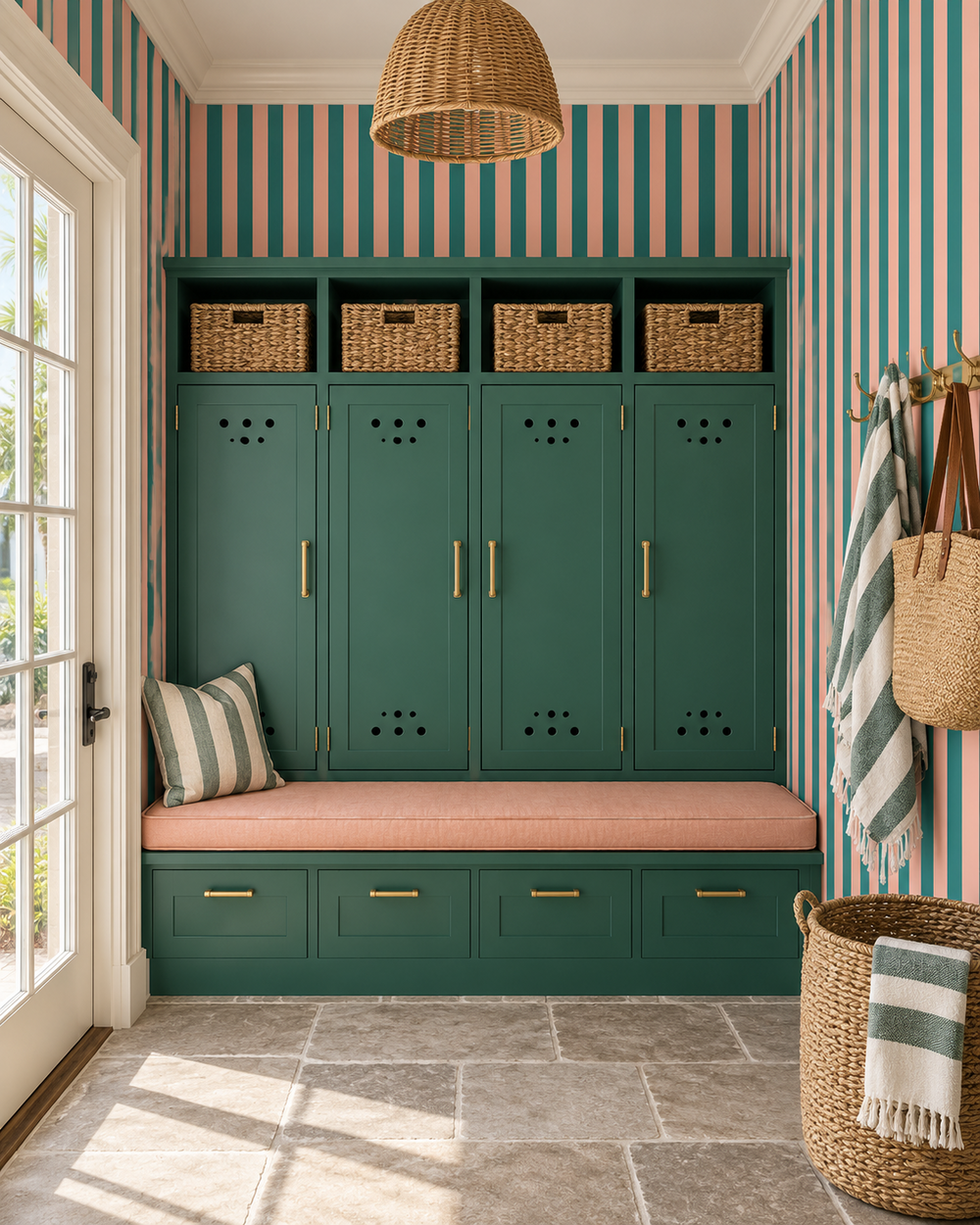 A styled entryway featuring a large teal green wooden storage cabinet with five doors, a built-in cushioned bench, woven baskets in the top cubbies, striped wallpaper, a wicker pendant light, and a striped throw blanket.