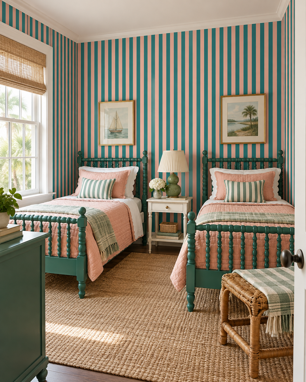 A styled children's bedroom featuring two teal wooden twin beds with pink and green striped bedding, set against teal and cream vertical striped wallpaper. The room includes a white nightstand with a green lamp, framed landscape and nautical prints on the walls, a woven jute rug, and a small wicker stool.