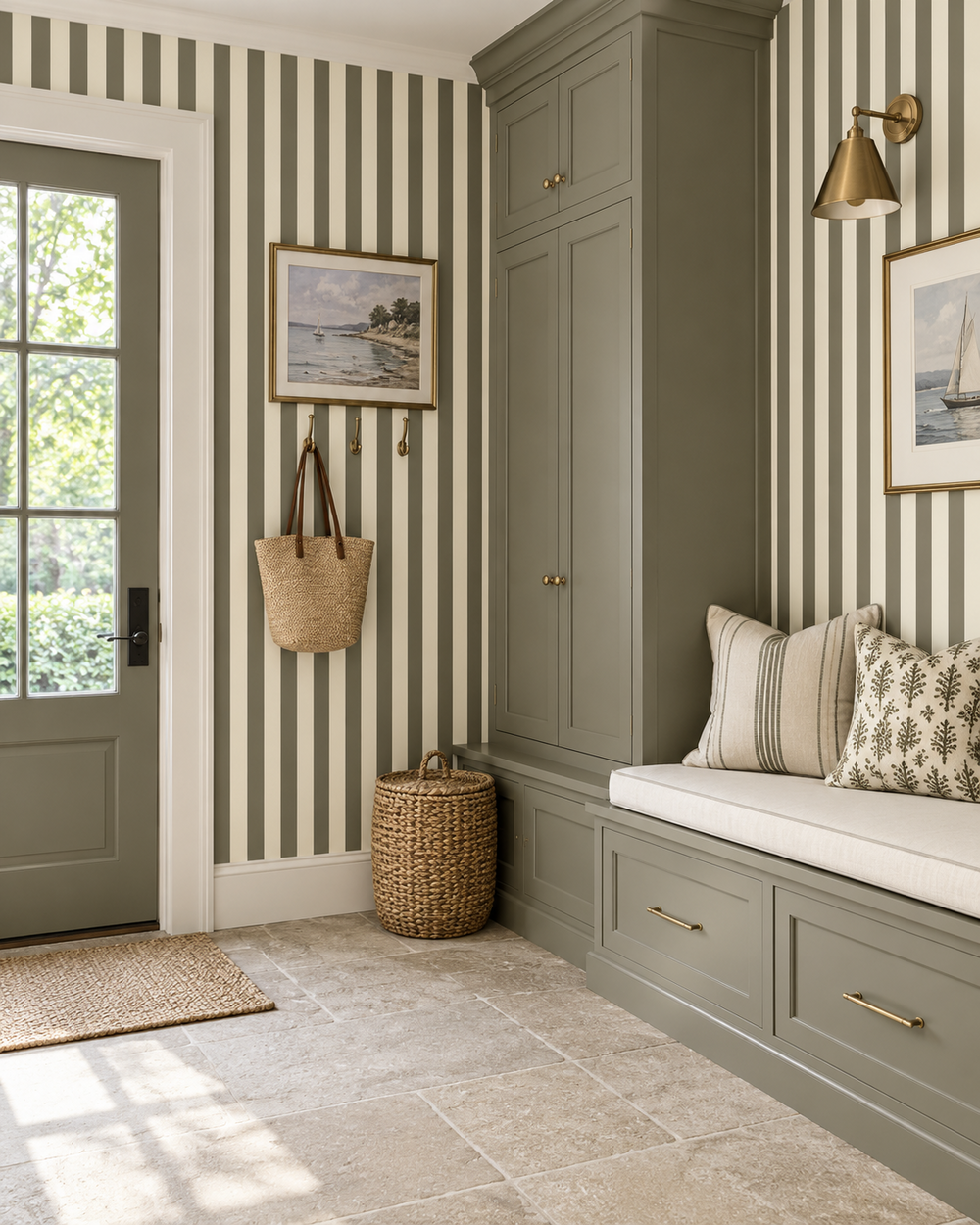 A styled entryway featuring a built-in bench with cushions, striped wallpaper, a green door, a woven basket, and framed artwork.