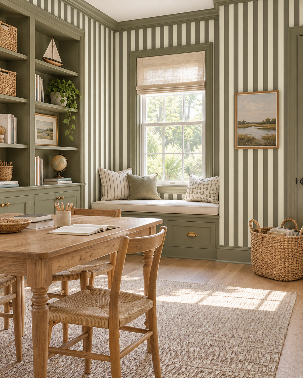 A styled interior room with green-and-white vertically striped wallpaper, a built-in window seat with cushions, wood shelving, a wooden dining table, woven chairs, and natural light coming through the window.
