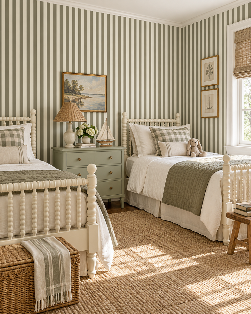 A beautifully styled children's bedroom featuring two single beds with white spindle rails, striped green and beige wallpaper, a light green nightstand, and a natural jute rug.