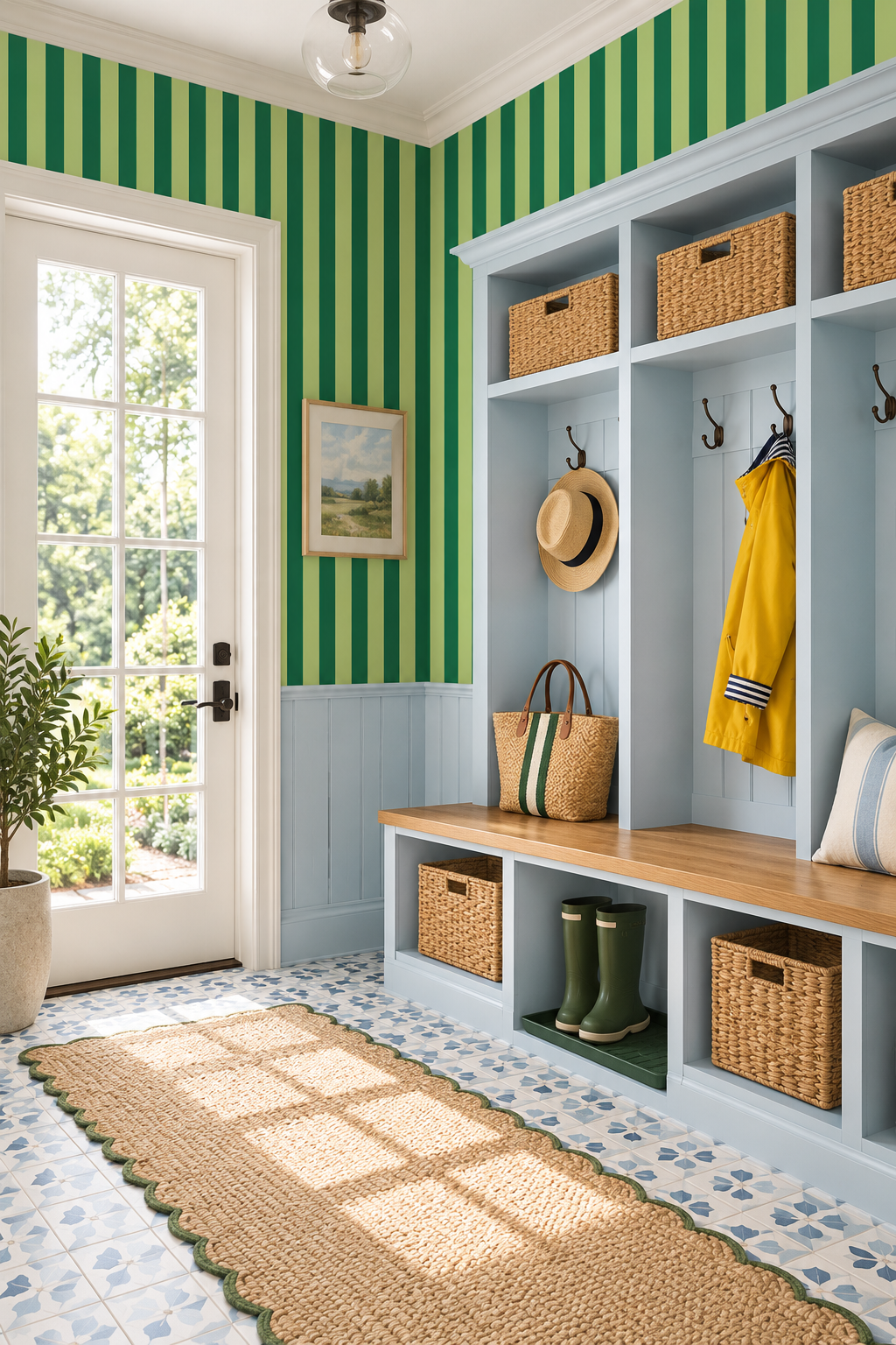 welcoming mudroom with fun green on green cabana striped performance wallpaper that is moisture and stain resistant