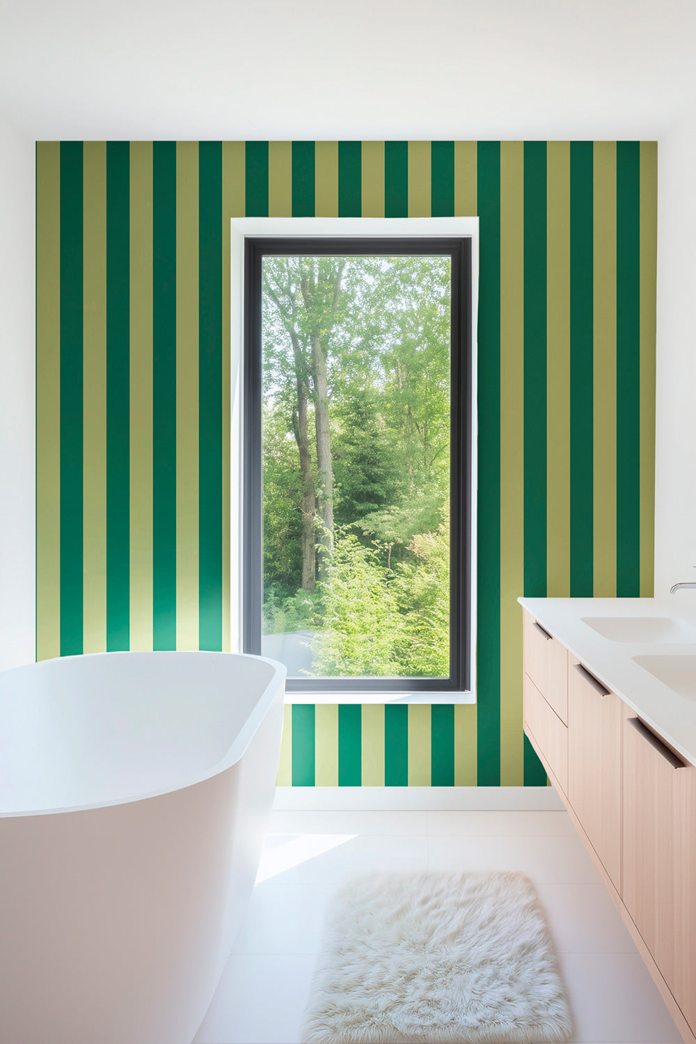 modern custom designed bathroom with moisture repellent and washable bold striped wallpaper