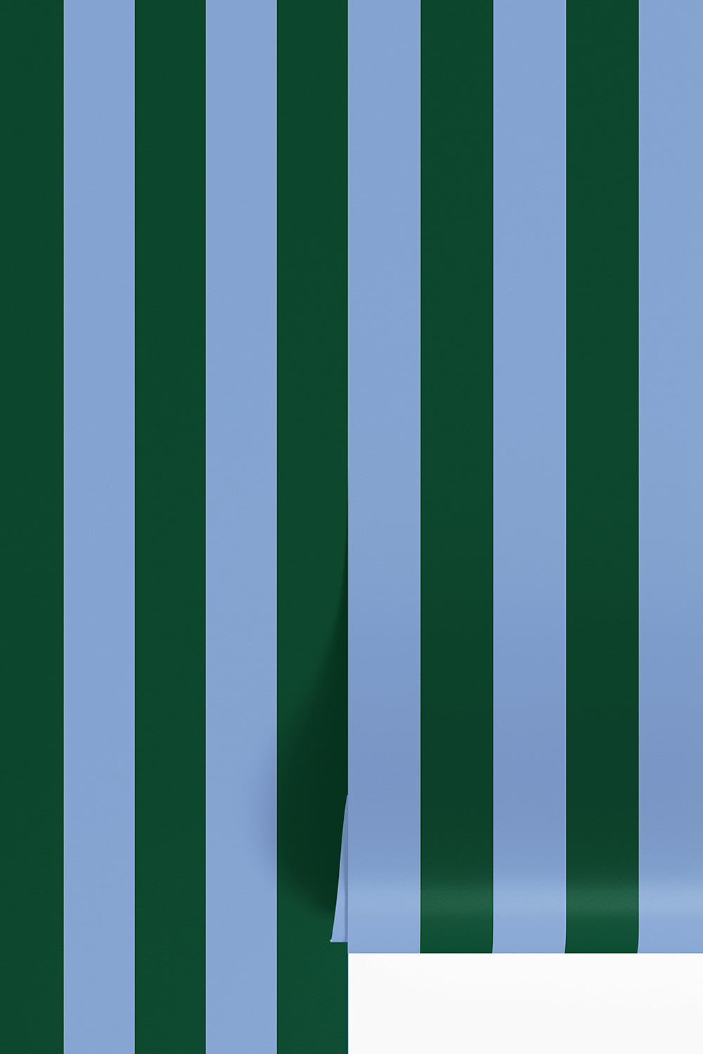 Veranda Stripe wallpaper with bold narrow stripes in bright blue and dark hunter green