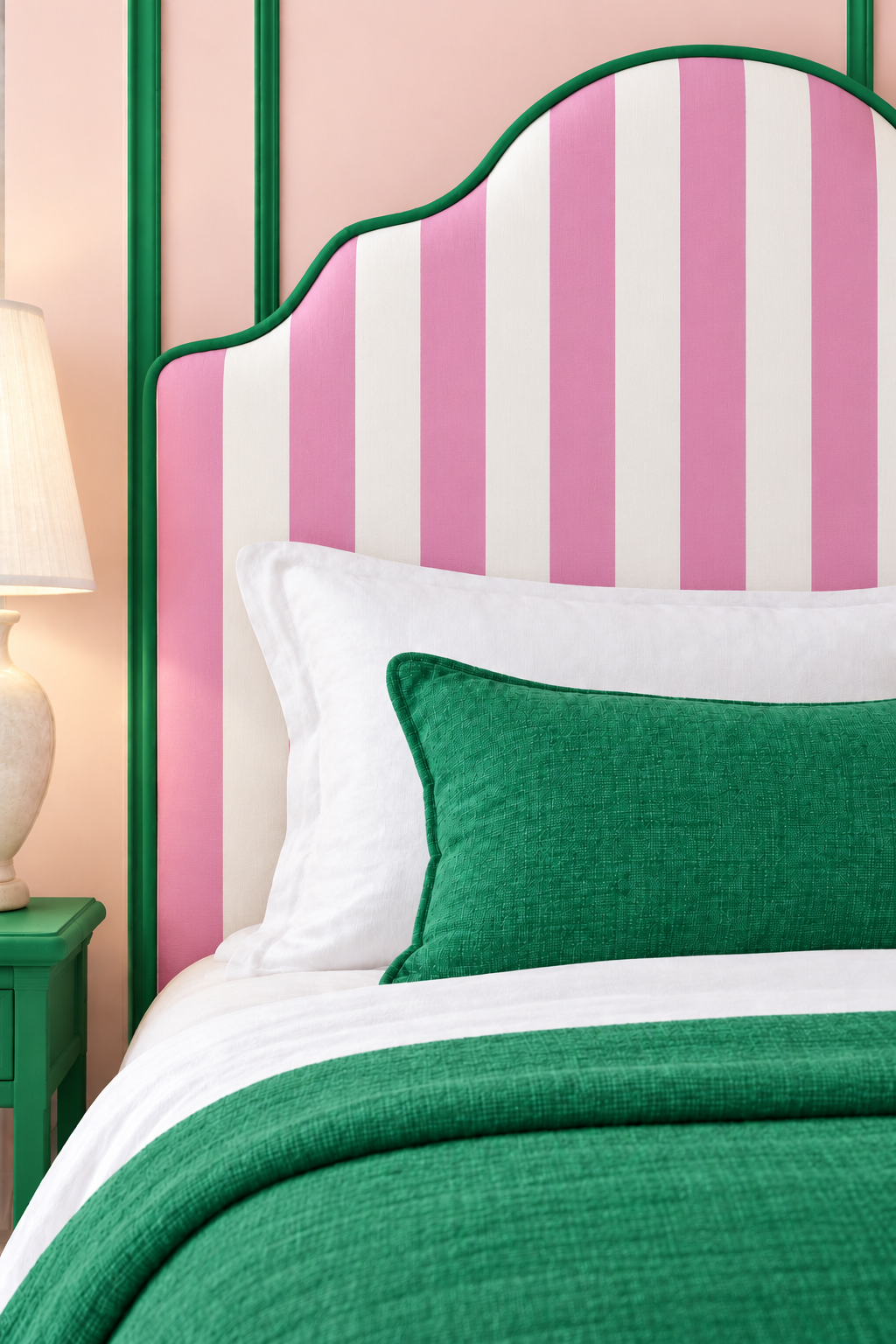 custom fabric headboard in narrow stripe upholstery fabric with a clean, classic layout and confident, design-forward character in bright pink and white.