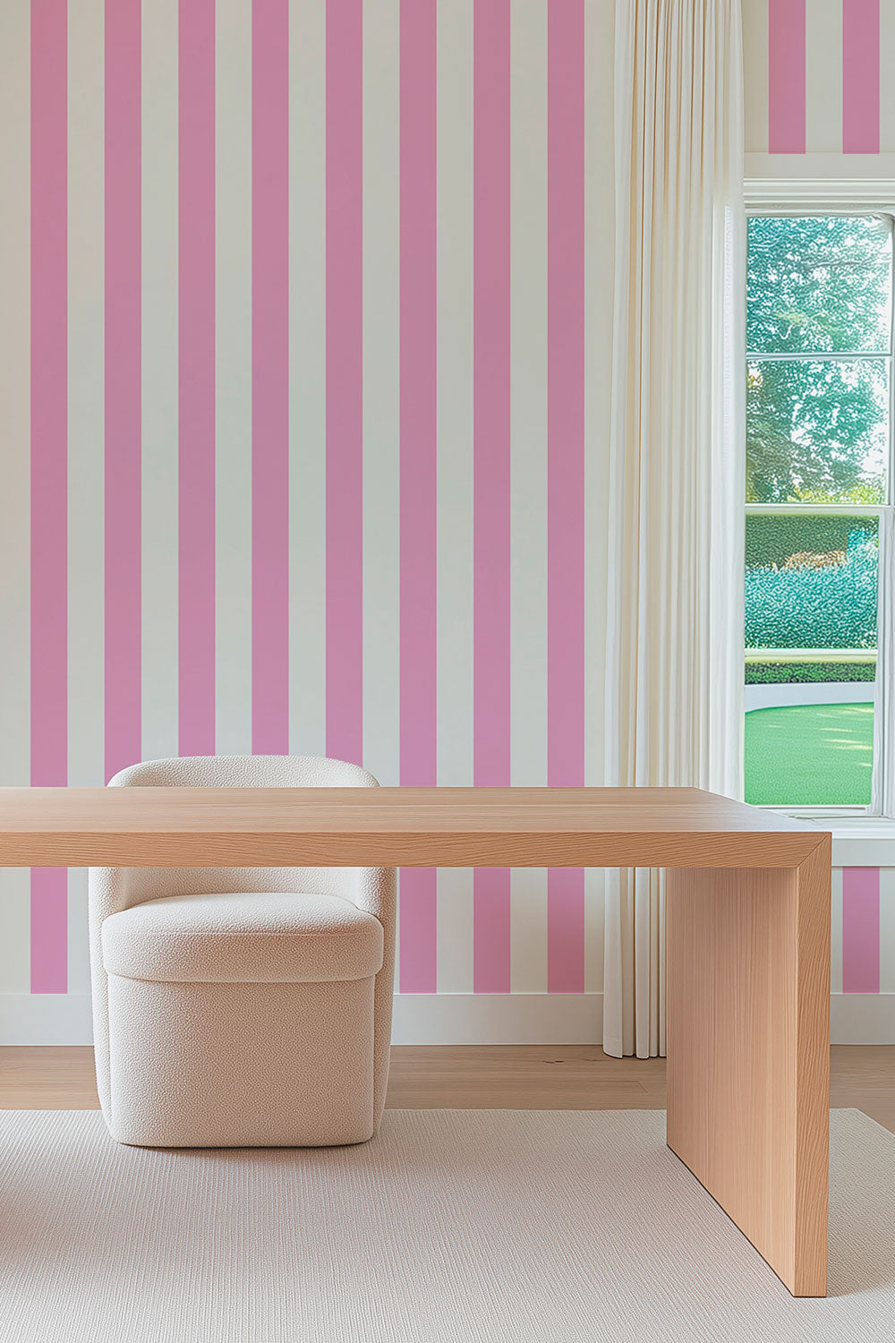 high-end luxury home office for interior designs with bold pink and white happy wallpaper, perfect for the background of zoom calls.