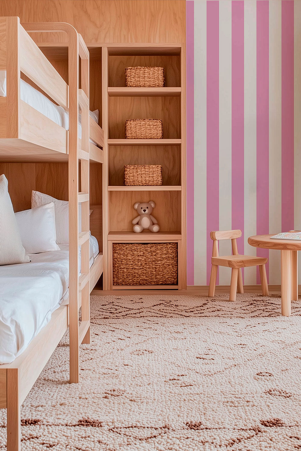 Children's bedroom with bunk bed, shelves, teddy bear, and classic striped pink and white wallpaper